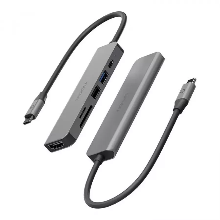 Купить Адаптер EnergEA AluHUB HD 6-in-1 Superspeed, USB-C PD60W, USB3.0, USB2.0, HDMI 4K30, SD, microSD в Сочи. Вид 1