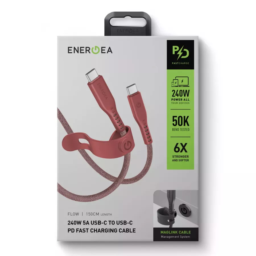 Купить Кабель EnergEA FLOW USB-C to USB-C PD240W 5A Nanoweave Magnetic tie, 1.5м, красный в Сочи. Вид 6