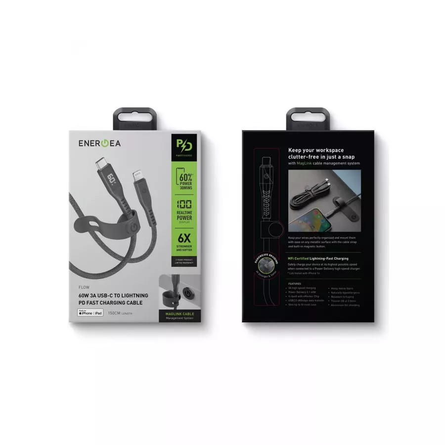 Купить Кабель EnergEA FLOW USB-C to Lightning C94 PD60W 3A DISPLAY Nanoweave Magnetic tie, 1.5м, черный в Сочи. Вид 6
