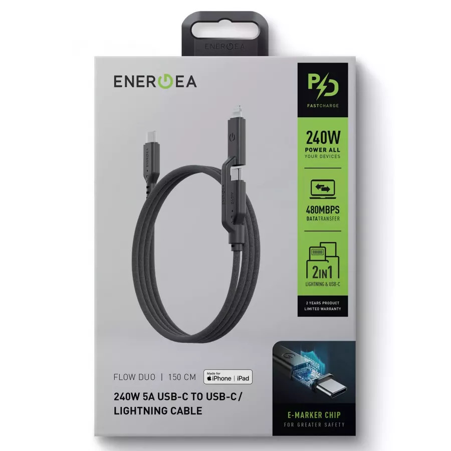 Купить Кабель EnergEA FLOW Duo USB-C to USB-C PD240W/480Mbps 5A + Lightning MFI PD60W 3A Nanoweave, 1.5м, черный в Сочи. Вид 8