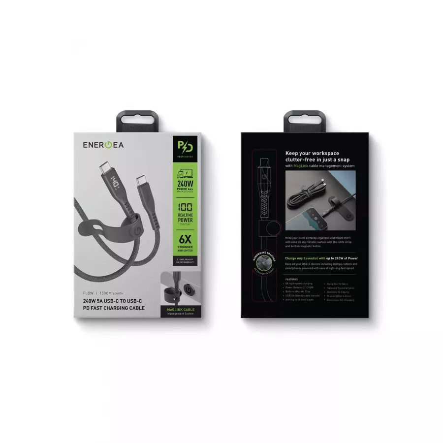 Купить Кабель EnergEA FLOW USB-C to USB-C PD240W 5A DISPLAY Nanoweave Magnetic tie, 1.5м, Black в Сочи. Вид 7