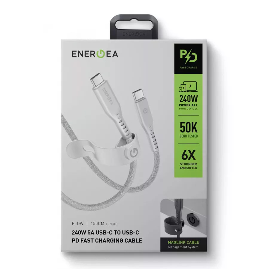 Купить Кабель EnergEA FLOW USB-C to USB-C PD240W 5A Nanoweave Magnetic tie, 1.5м, White в Сочи. Вид 6