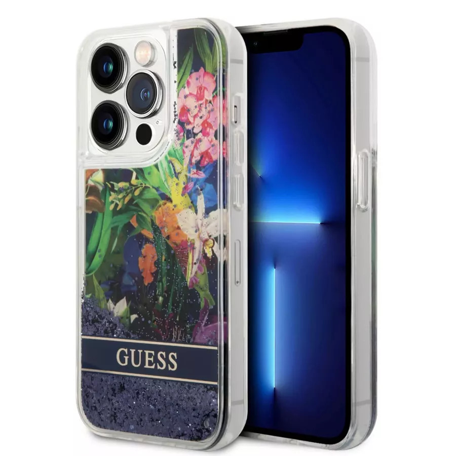Купить Чехол Guess чехол Liquid Glitter Flower Hard для iPhone 14 Pro, голубой в Сочи. Вид 3