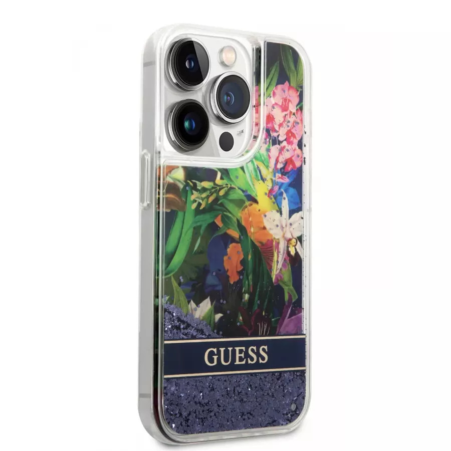 Купить Чехол Guess чехол Liquid Glitter Flower Hard для iPhone 14 Pro, голубой в Сочи. Вид 4