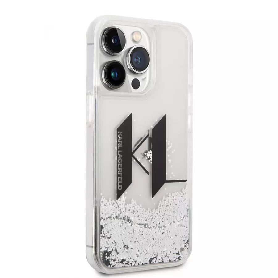 Купить Чехол Lagerfeld Liquid glitter Big KL logo Hard для iPhone 14 Pro, серебристый в Сочи. Вид 4