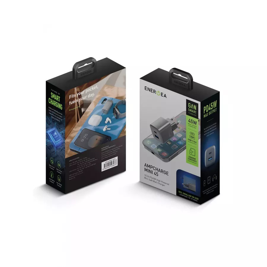 Купить Зарядное устройство EnergEA Ampcharge mini GaN45, USB-C PD45 + USB-A QC30 total 45W, Gunmetal в Сочи. Вид 6