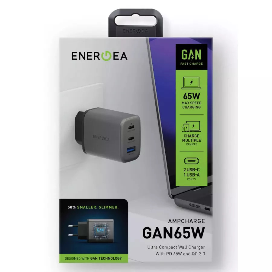 Купить Зарядное устройство EnergEA Ampcharge GaN65, 2USB-C + USB-A PD/PPS/QC30 total 65W, серый в Сочи. Вид 7
