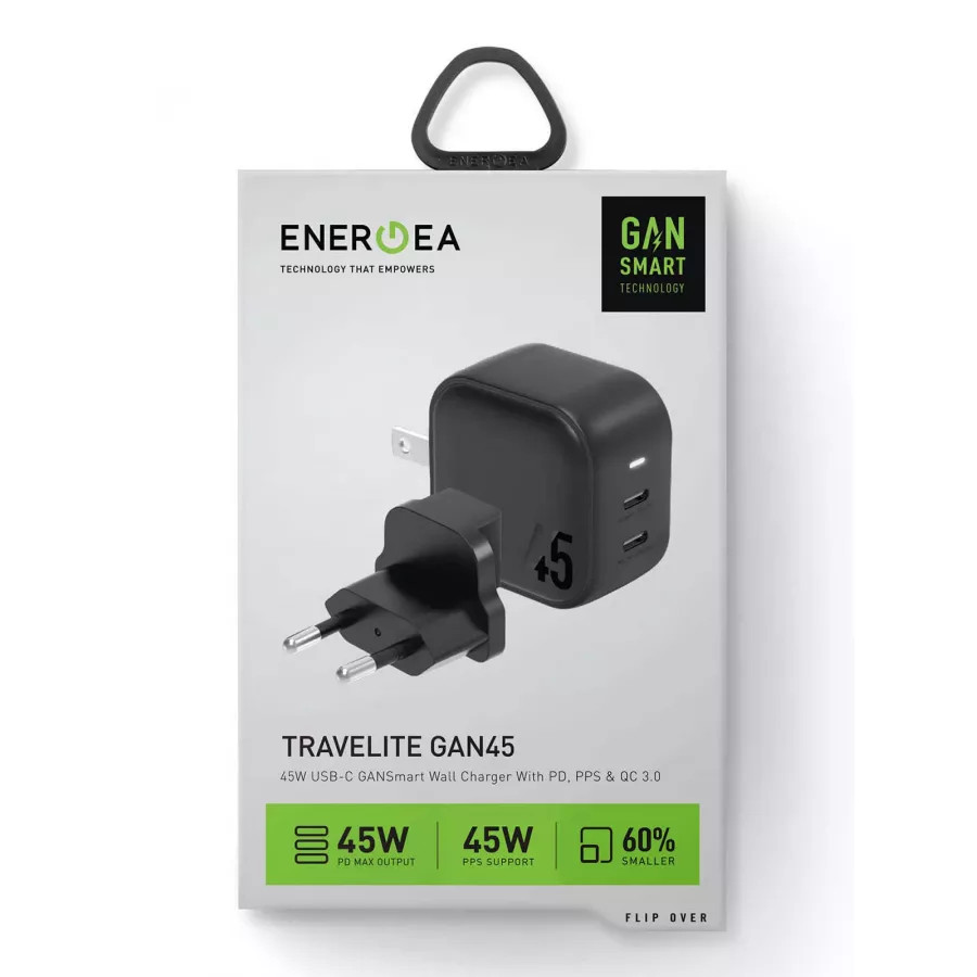 Купить Зарядное устройство EnergEA Travelite Gan45, 2USB-C, PD/PPS, 45W, черный в Сочи. Вид 4