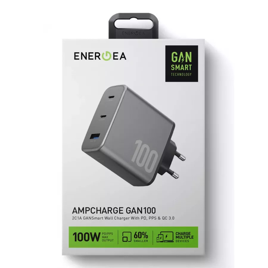 Купить Зарядное устройство EnergEA Ampcharge Gan100, 2USB-C + USB-A PD/PPS/QC3.0, 100W, черный в Сочи. Вид 6
