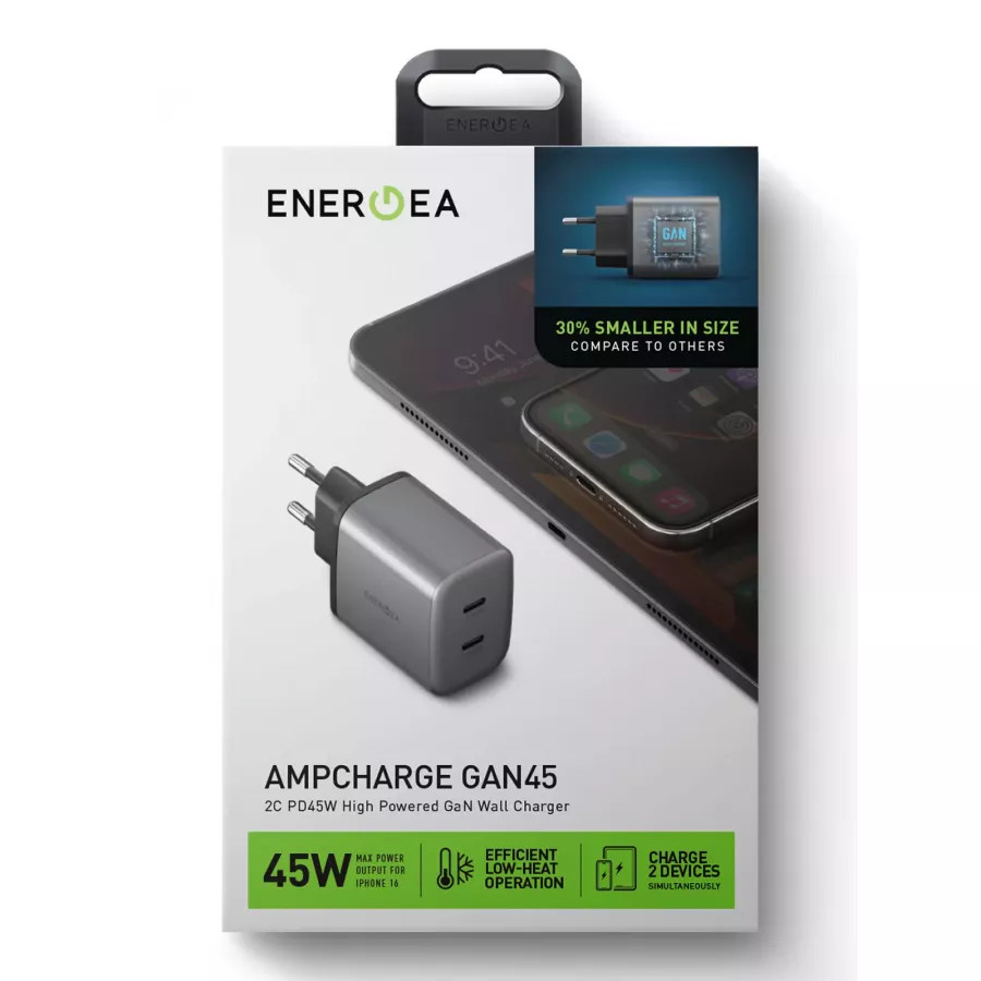 Купить Зарядное устройство EnergEA Ampcharge GaN45, 2USB-C PD/PPS/QC3.0 total 45W, Gunmetal в Сочи. Вид 7