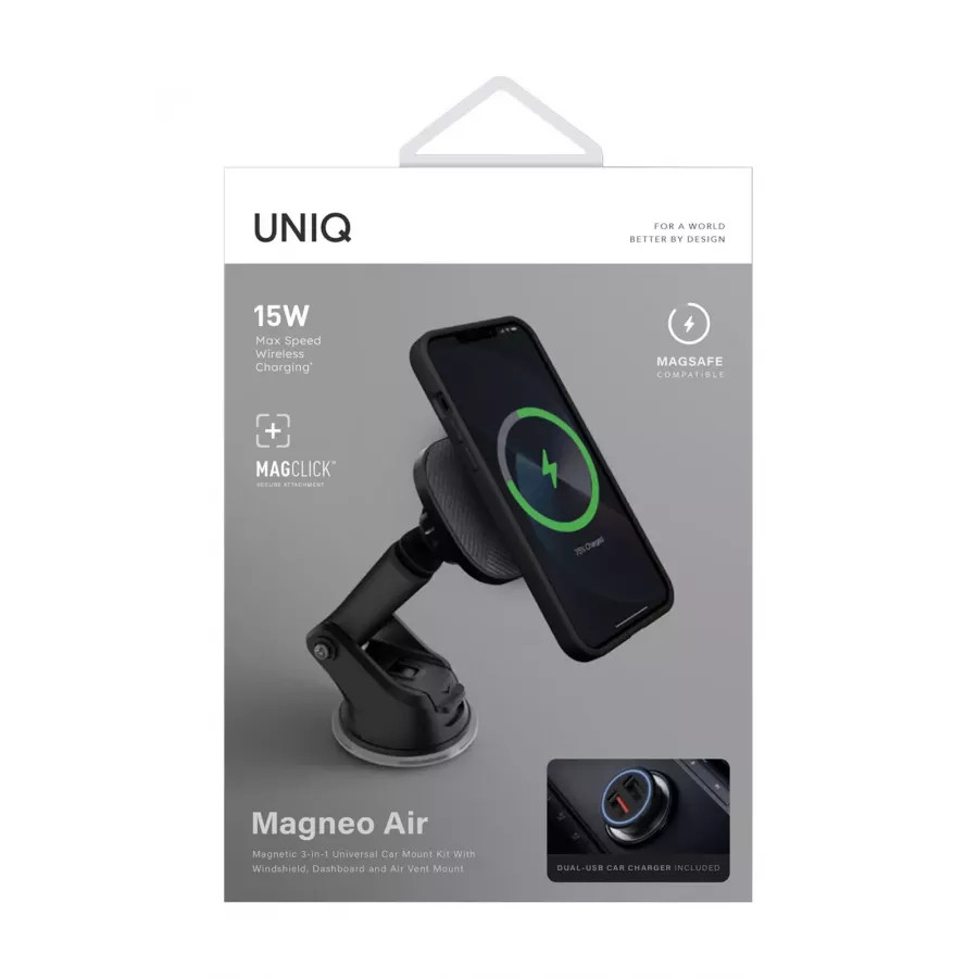 Купить Автодержатель-беспроводное зарядное устройство Uniq Magneo Air Magnetic wireless 15W +АЗУ All-in-one, Grey в Сочи. Вид 10