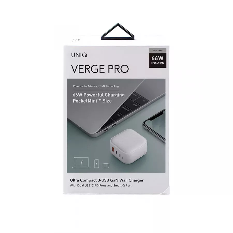 Купить Зарядное устройство Uniq Verge Pro, Gan66, 2USB-C, 1USB-A, Smart IQ, 66W, белый в Сочи. Вид 5