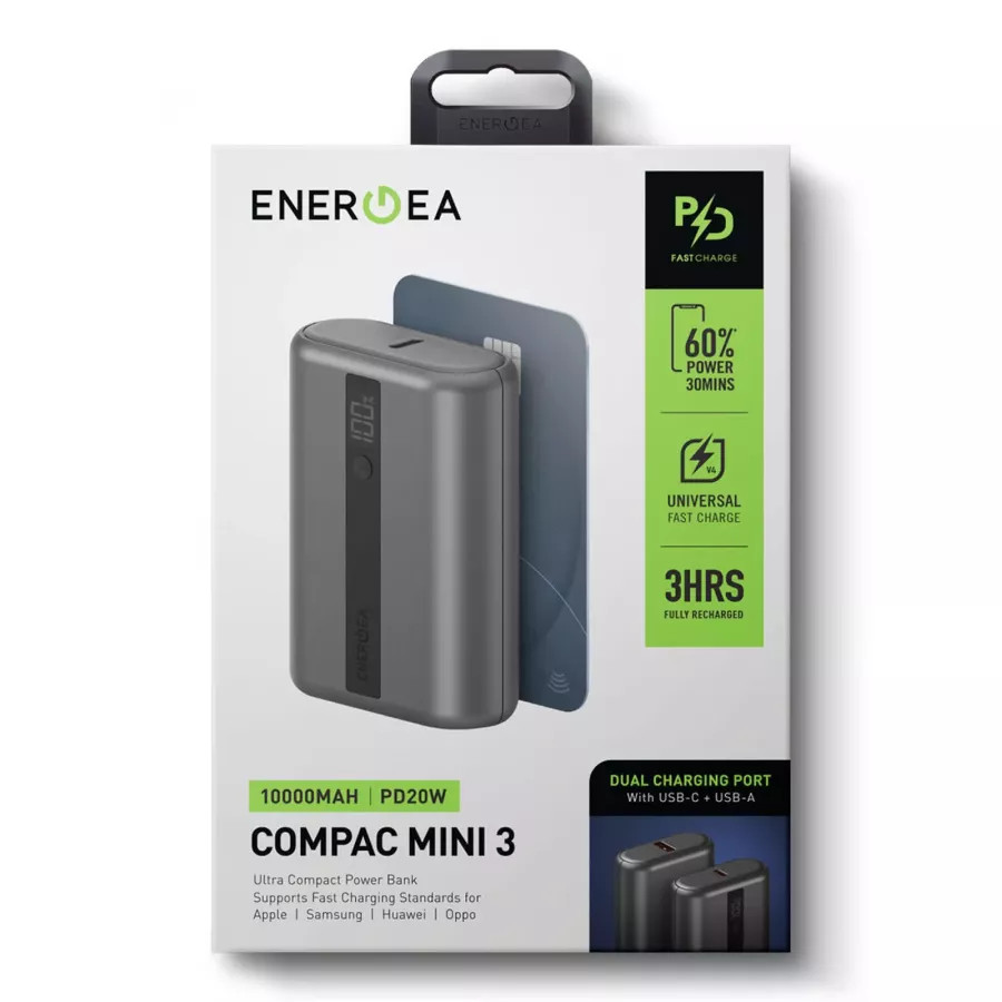 Купить Внешний аккумулятор EnergEA Compac MINI3, 10000 USB-C PD +USB-A QC3.0/SCP 22.5W Digital display, серый в Сочи. Вид 6