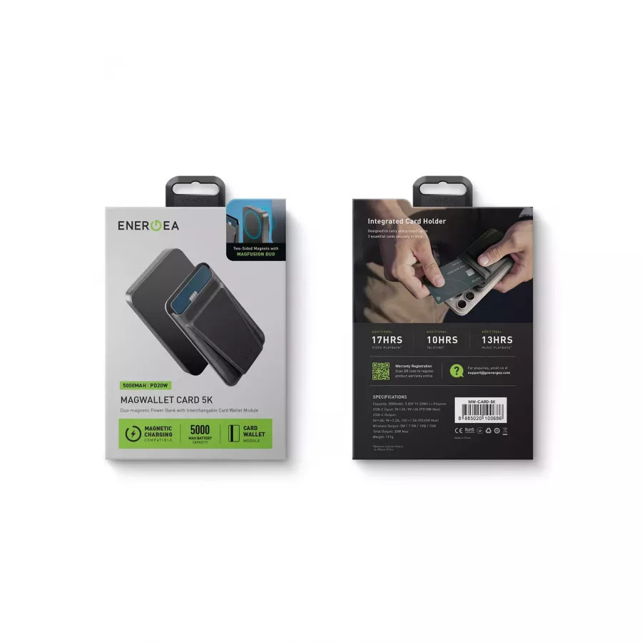 Купить Внешний аккумулятор EnergEA MagWallet CARD, 5000мА/ч MagSafe 15W USB-C 20W with card slot and stand, Gun/Black в Сочи. Вид 7