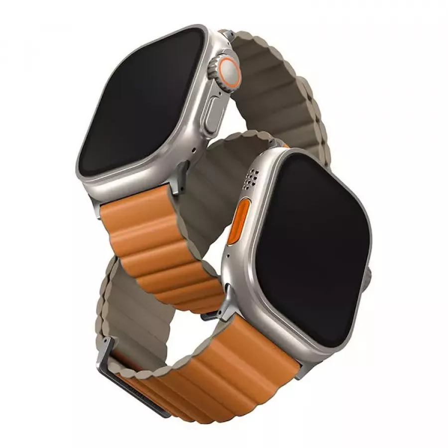 Купить Ремешок Uniq Revix Premium Ed. Leather/Silicone для Apple Watch 49/45/44/42мм, Saffron Orange/Khaki в Сочи. Вид 1