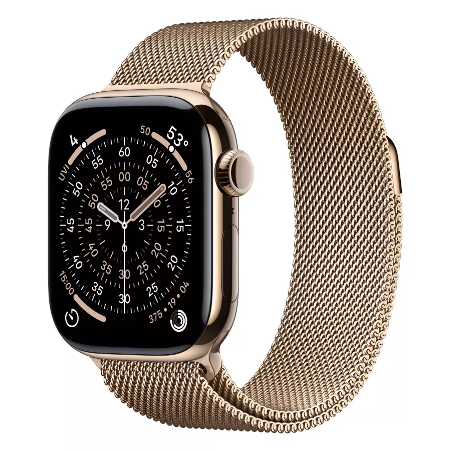 Купить Apple Watch Series 11 42mm, золотой титан, стальной миланский сетчатый браслет золотого цвета в Сочи. Вид 1
