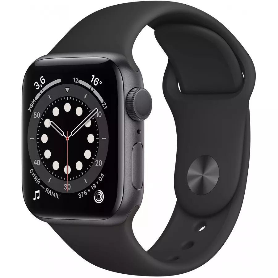 Apple Watch Series 6 40mm, алюминий цвета «серый космос», спортивный ремешок черного цвета. Вид 1