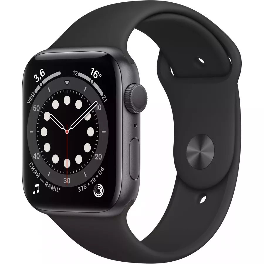 Apple Watch Series 6 44mm, алюминий цвета «серый космос», спортивный ремешок черного цвета. Вид 1