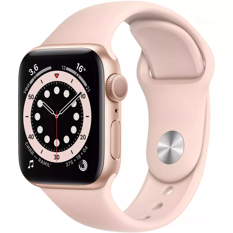 Apple Watch Series 6 40mm, золотистый алюминий, спортивный ремешок цвета «розовый песок». Вид 1
