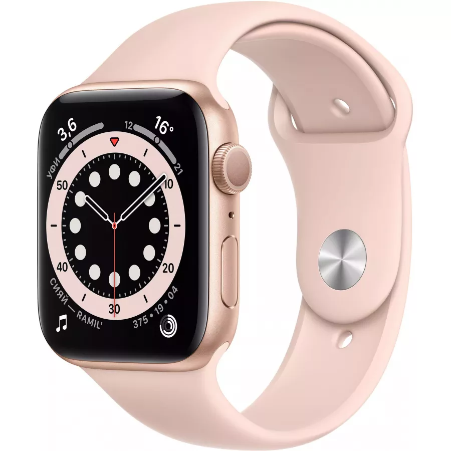 Apple Watch Series 6 44mm, золотистый алюминий, спортивный ремешок цвета «розовый песок». Вид 1