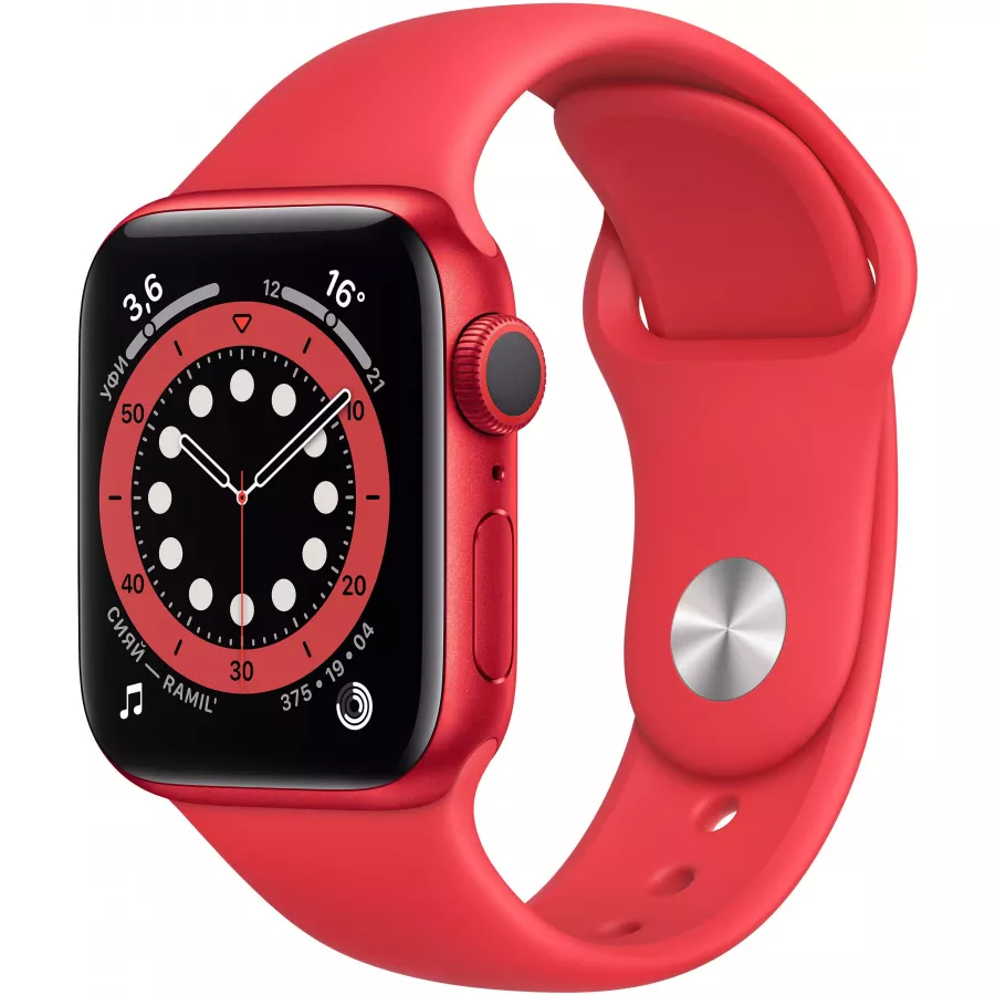 Apple Watch Series 6 40mm, алюминий цвета (PRODUCT)RED, спортивный ремешок красного цвета. Вид 1