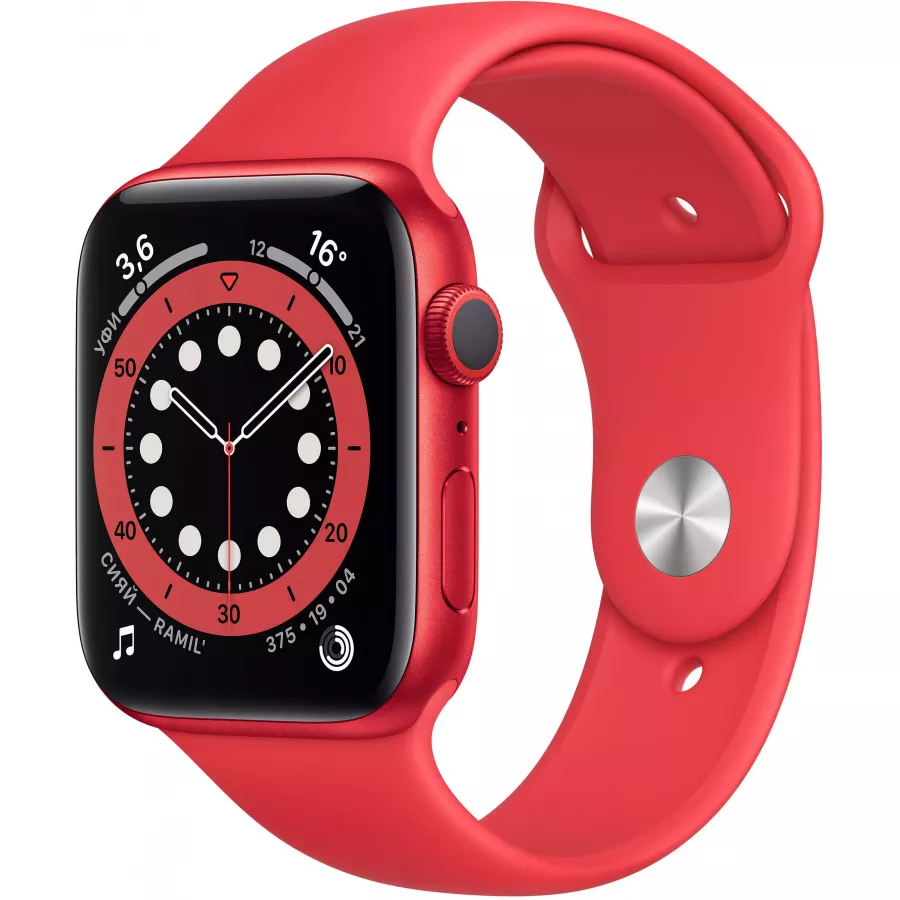 Apple Watch Series 6 44mm, алюминий цвета (PRODUCT)RED, спортивный ремешок красного цвета. Вид 1