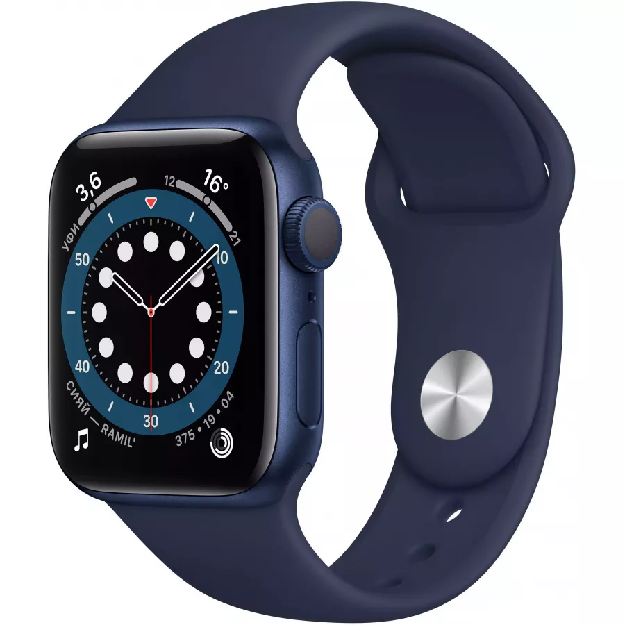 Apple Watch Series 6 40mm, алюминий синего цвета, спортивный ремешок темно-синего цвета. Вид 1