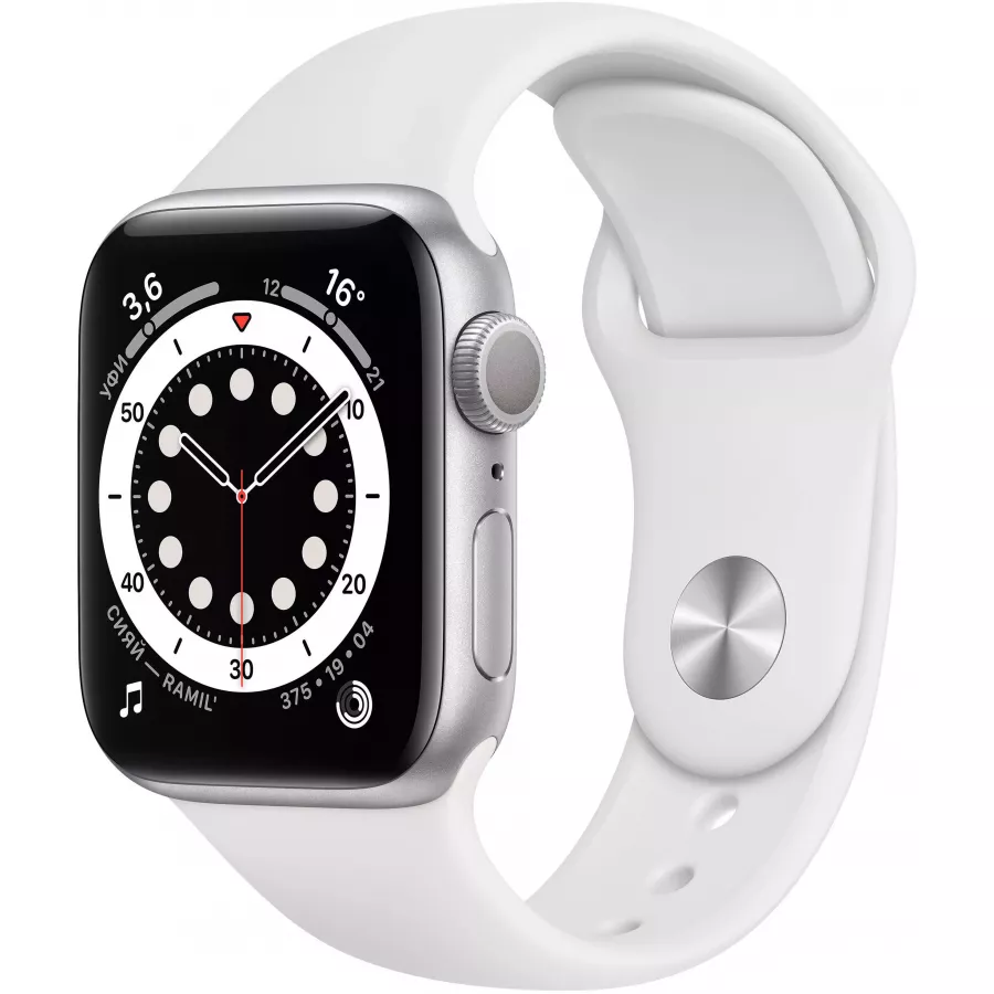 Apple Watch Series 6 40mm, серебристый алюминий, спортивный ремешок белого цвета. Вид 1