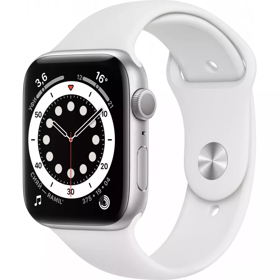 Apple Watch Series 6 44mm, серебристый алюминий, спортивный ремешок белого цвета. Вид 1