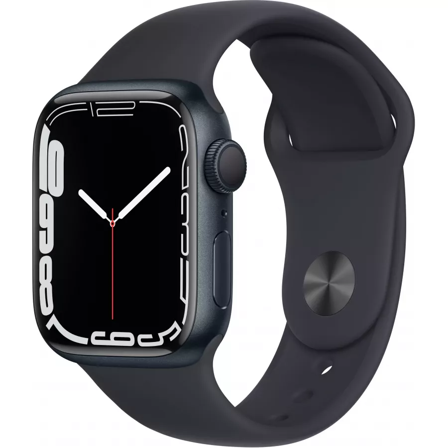 Apple Watch Series 7 41mm, алюминий «тёмная ночь», спортивный ремешок цвета «тёмная ночь». Вид 1