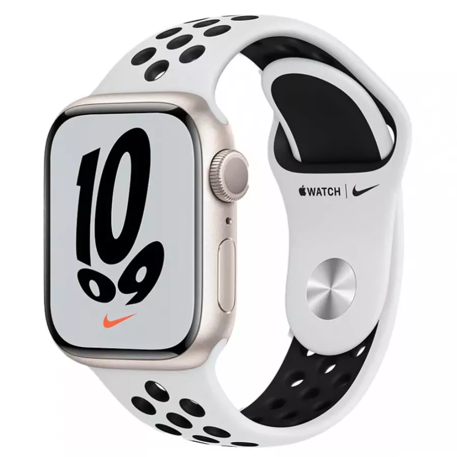 Apple Watch Series 7 41mm, алюминий «сияющая звезда», ремешок Nike цвета Pure Platinum/Black. Вид 1