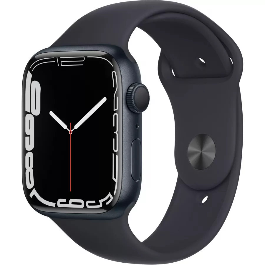 Apple Watch Series 7 45mm, алюминий «тёмная ночь», спортивный ремешок цвета «тёмная ночь». Вид 1