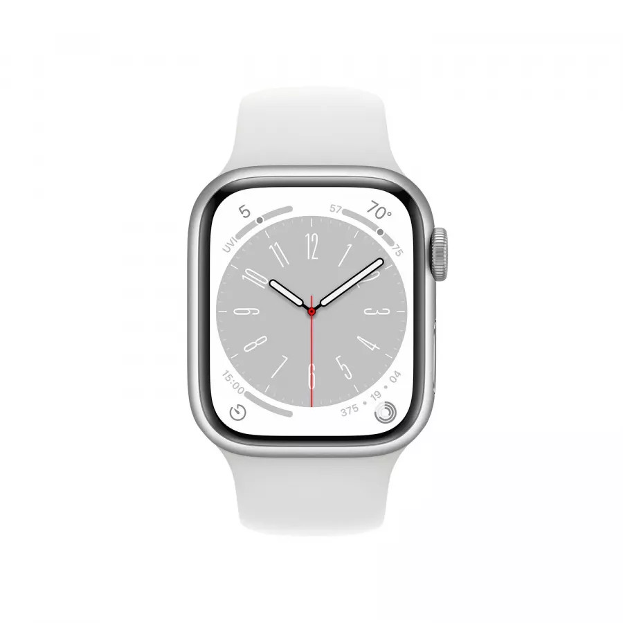 Apple Watch Series 8 41mm, серебристый алюминий, спортивный ремешок M/L белого цвета. Вид 2
