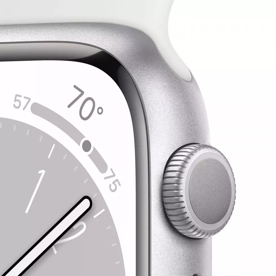Apple Watch Series 8 41mm, серебристый алюминий, спортивный ремешок M/L белого цвета. Вид 3