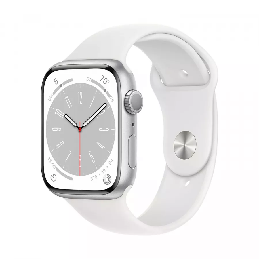 Apple Watch Series 8 45mm, серебристый алюминий, спортивный ремешок белого цвета. Вид 1