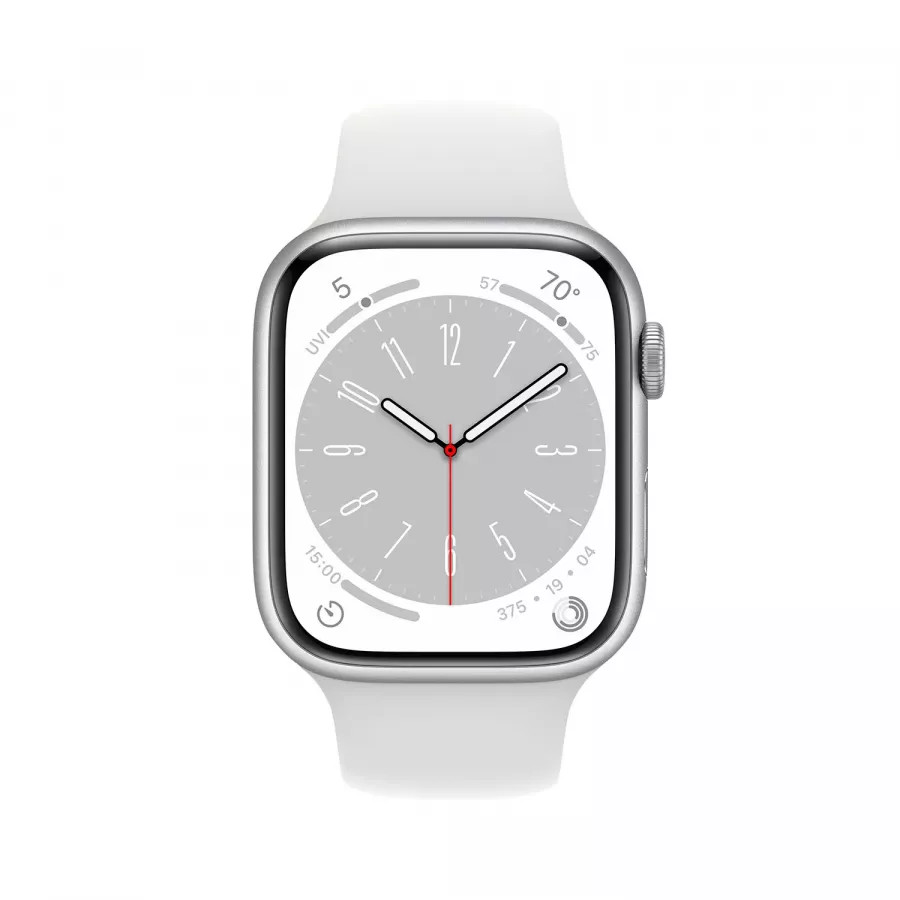 Apple Watch Series 8 45mm, серебристый алюминий, спортивный ремешок белого цвета. Вид 2