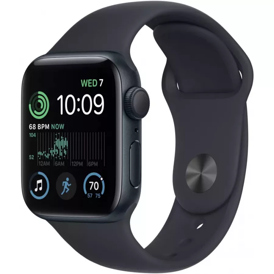 Apple Watch SE 2022 40mm, алюминий «тёмная ночь», спортивный ремешок цвета «тёмная ночь». Вид 1