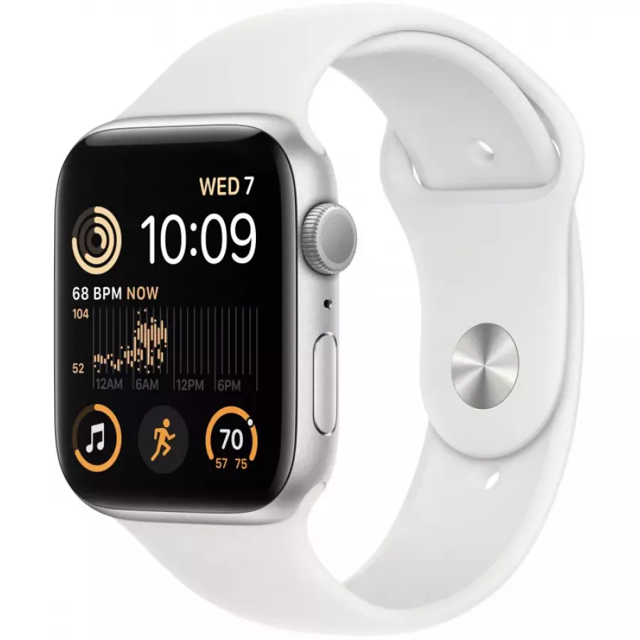 Apple Watch SE 2022 40mm, алюминий серебристого цвета, спортивный ремешок белого цвета. Вид 1