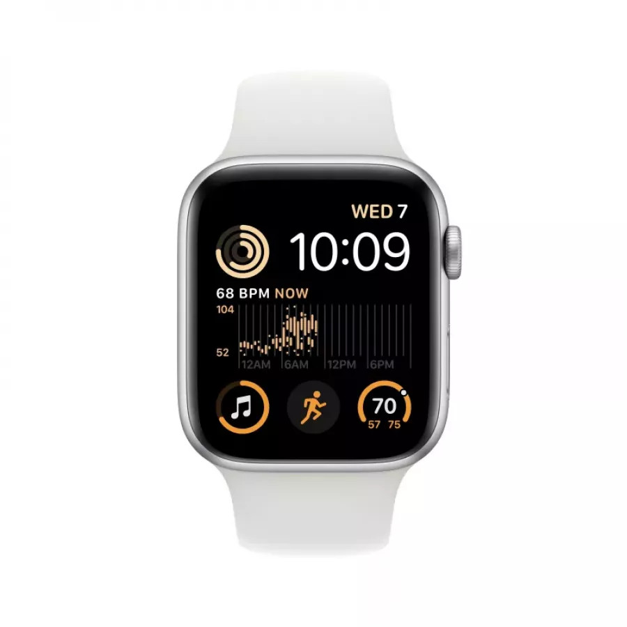 Apple Watch SE 2022 40mm, алюминий серебристого цвета, спортивный ремешок белого цвета. Вид 2