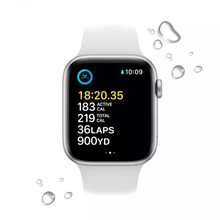 Apple Watch SE 2022 40mm, алюминий серебристого цвета, спортивный ремешок белого цвета. Вид 3