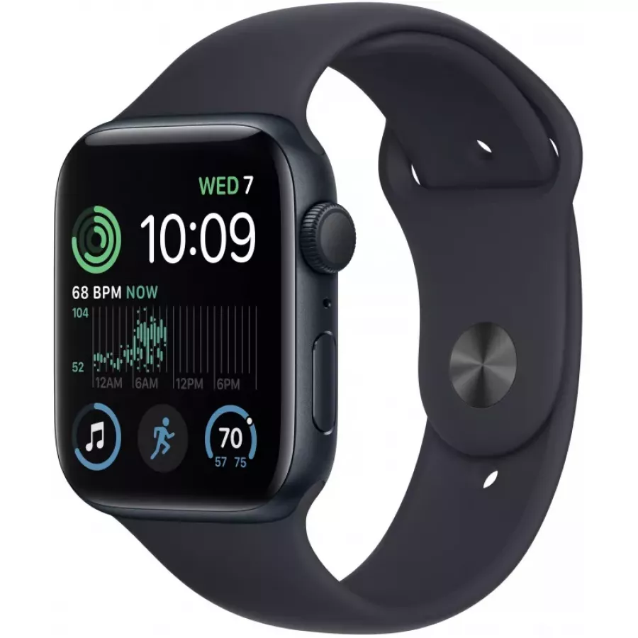 Apple Watch SE 2022 44mm, алюминий «тёмная ночь», спортивный ремешок цвета «тёмная ночь». Вид 1