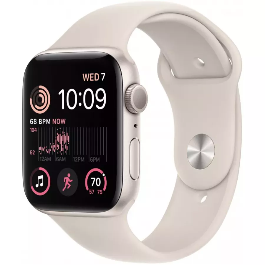 Apple Watch SE 2022 44mm, алюминий цвета «сияющая звезда», спортивный ремешок цвета «сияющая звезда». Вид 1