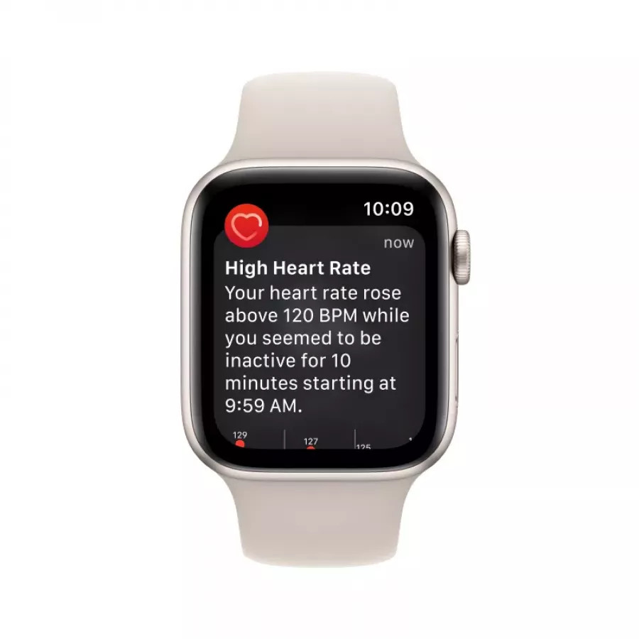 Apple Watch SE 2022 44mm, алюминий цвета «сияющая звезда», спортивный ремешок цвета «сияющая звезда». Вид 5