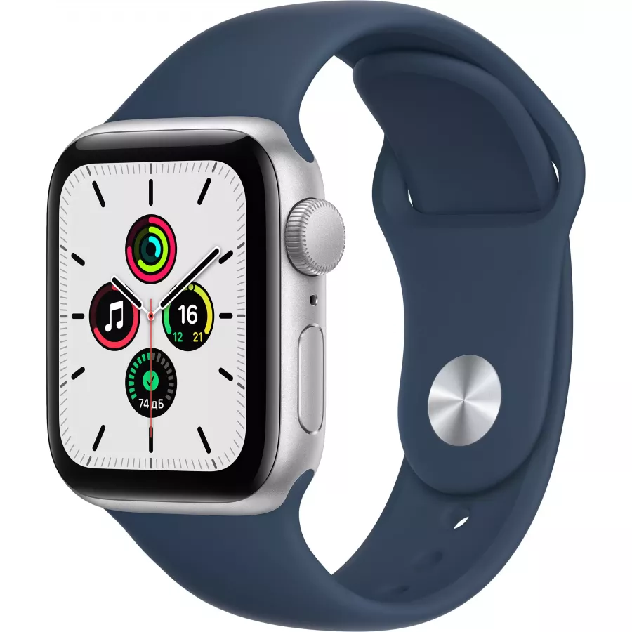 Apple Watch SE 40mm, серебристый алюминий, спортивный ремешок цвета «синий омут». Вид 1