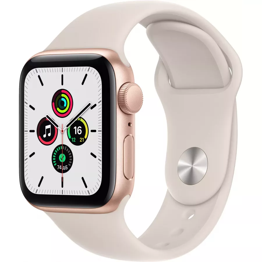 Apple Watch SE 40mm, алюминий золотого цвета, спортивный ремешок цвета «сияющая звезда». Вид 1