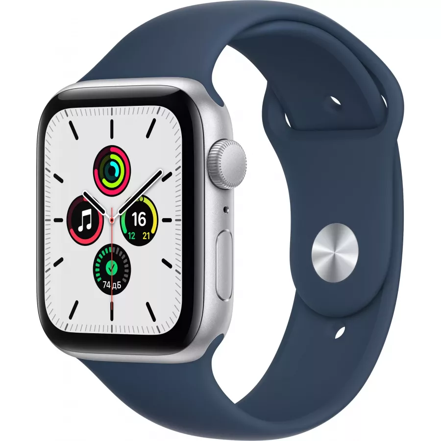 Apple Watch SE 44mm, серебристый алюминий, спортивный ремешок цвета «синий омут». Вид 1
