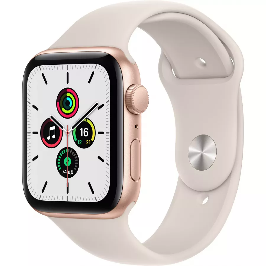 Apple Watch SE 44mm, алюминий золотого цвета, спортивный ремешок цвета «сияющая звезда». Вид 1