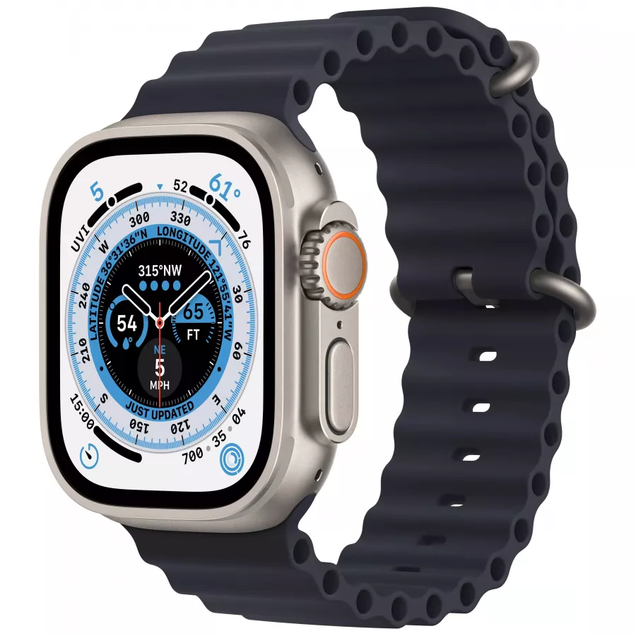 Apple Watch Ultra GPS, 49мм, корпус из титана, ремешок Ocean цвета «темная ночь», One Size. Вид 1