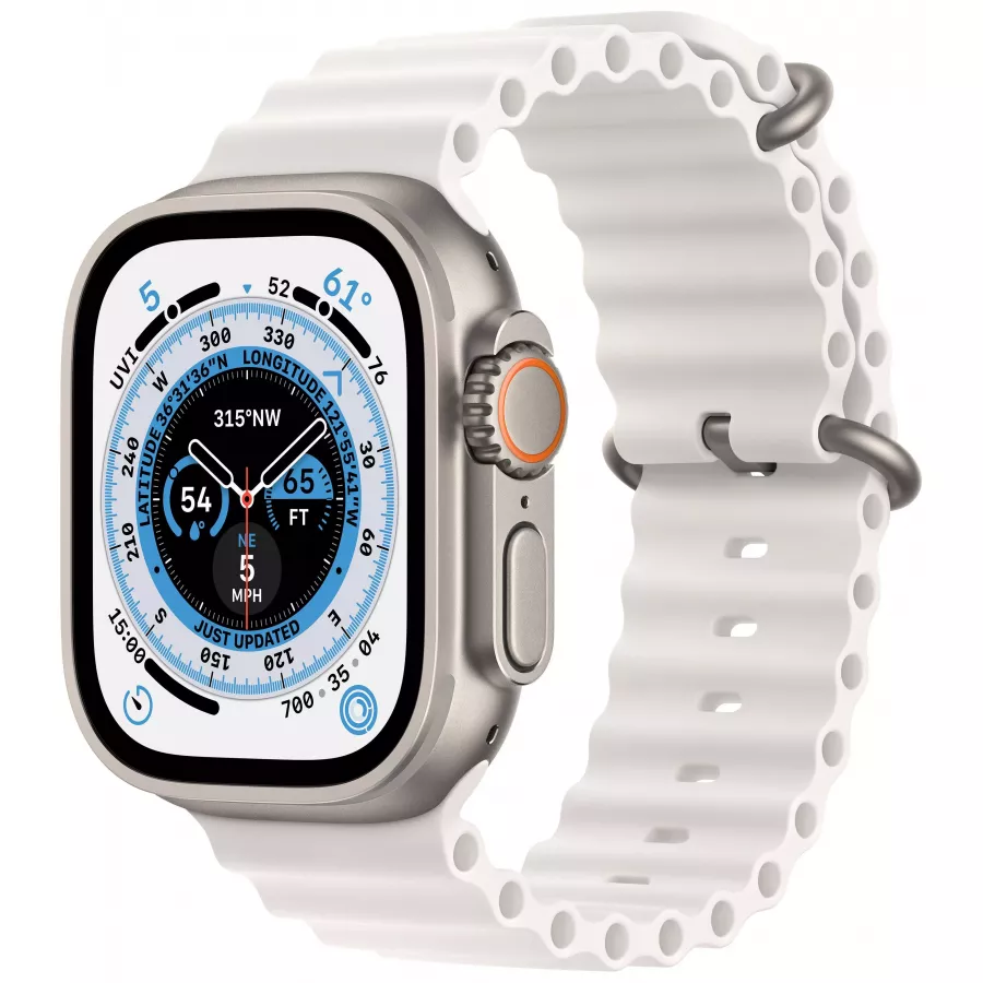 Apple Watch Ultra GPS, 49мм, корпус из титана, ремешок Ocean белого цвета, One Size. Вид 1