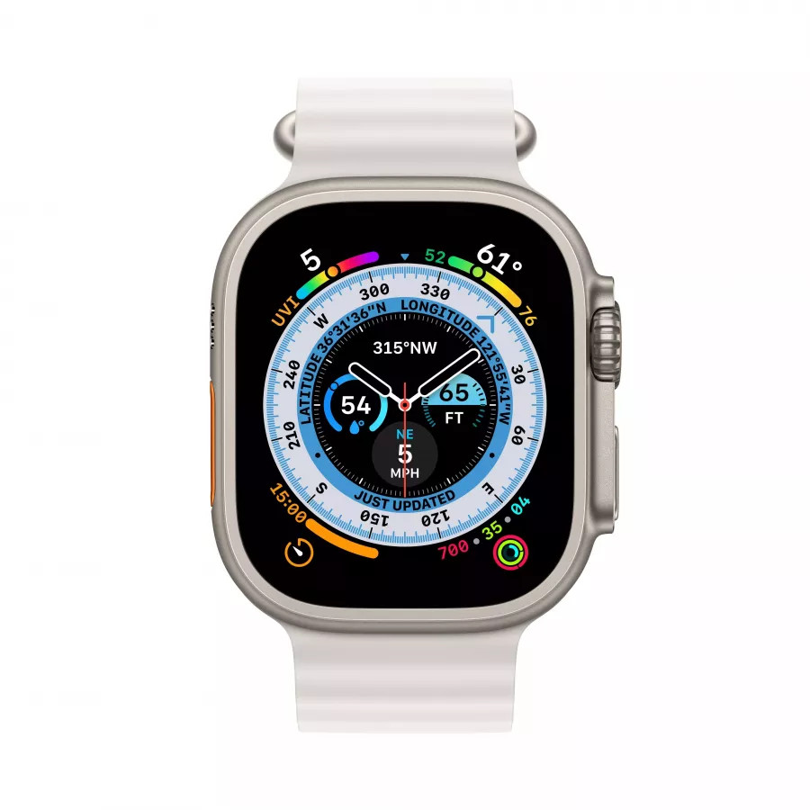 Apple Watch Ultra GPS, 49мм, корпус из титана, ремешок Ocean белого цвета, One Size. Вид 2
